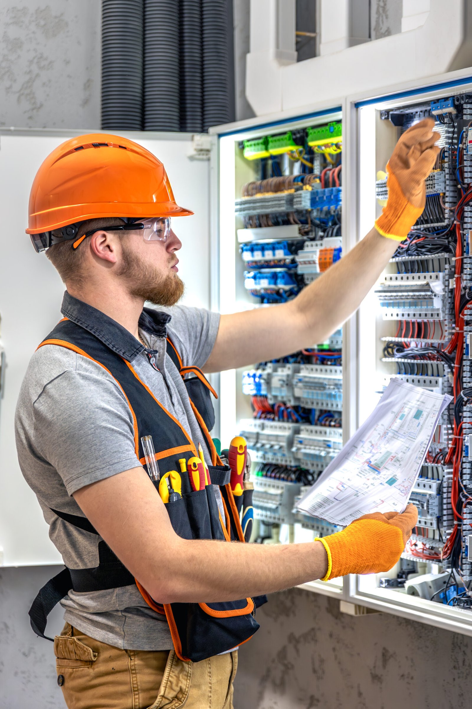 Male electrician working in electrical panel. Male electrician in uniform. High quality photo. Male construction worker in helmet and safety glasses.